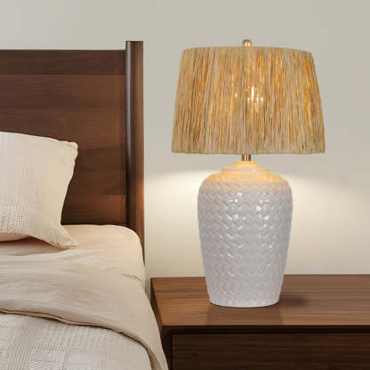 Rustic Ceramic Raffia Grid Jar Table Lamp