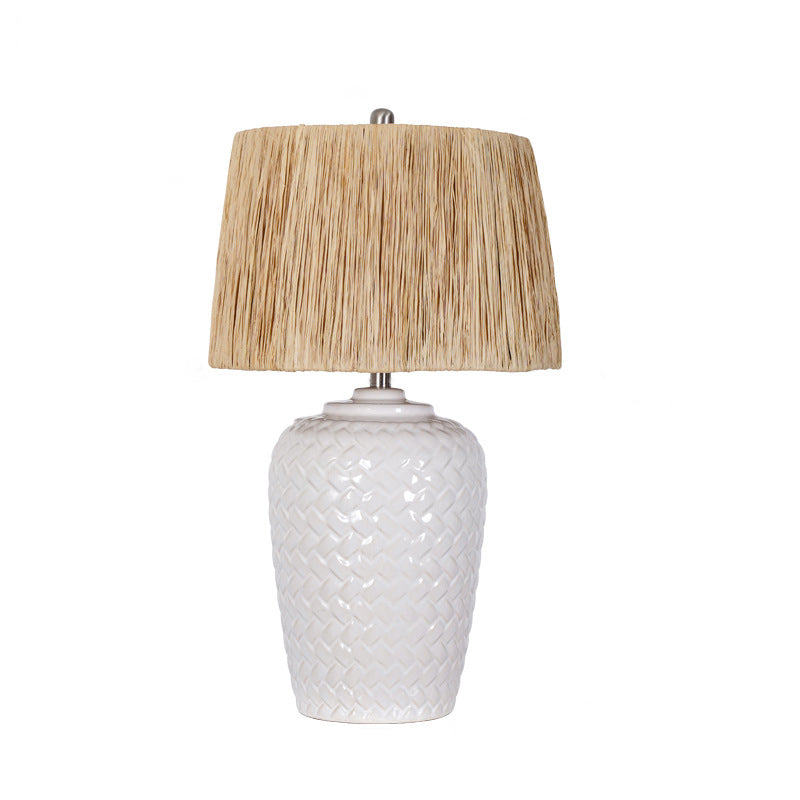 Rustic Ceramic Raffia Grid Jar Table Lamp