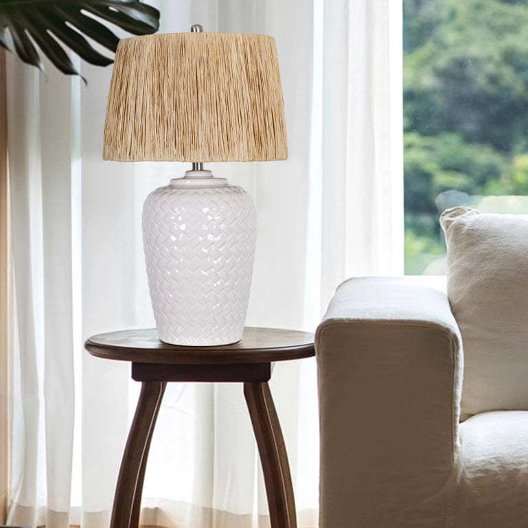 Rustic Ceramic Raffia Grid Jar Table Lamp