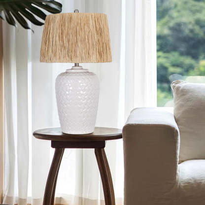 Rustic Ceramic Raffia Grid Jar Table Lamp