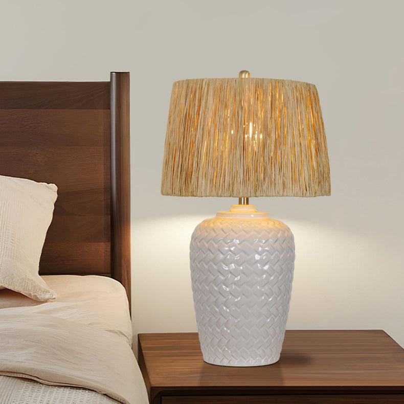 Rustic Ceramic Raffia Grid Jar Table Lamp