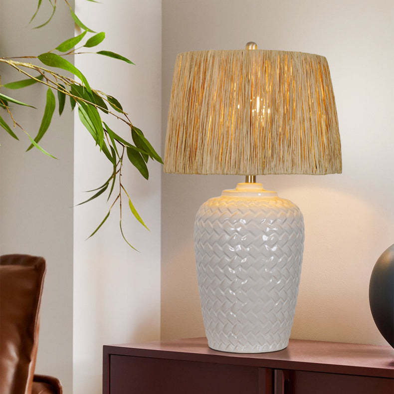 Rustic Ceramic Raffia Grid Jar Table Lamp