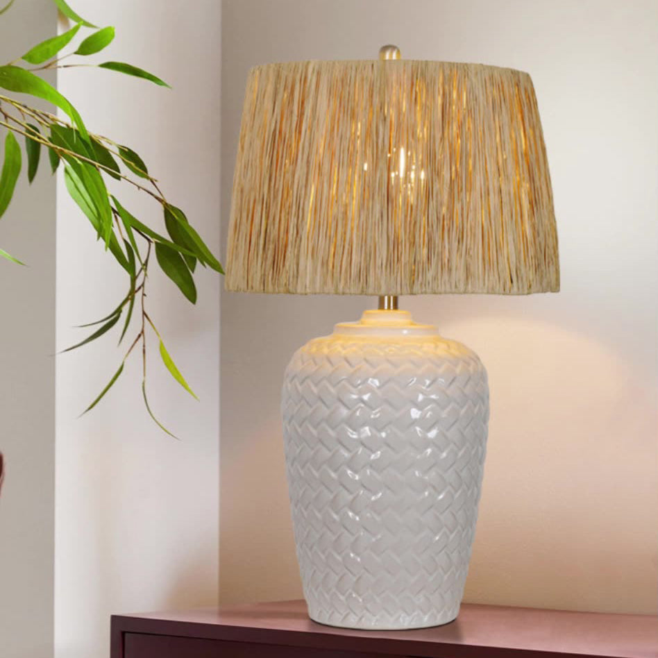 Rustic Ceramic Raffia Grid Jar Table Lamp