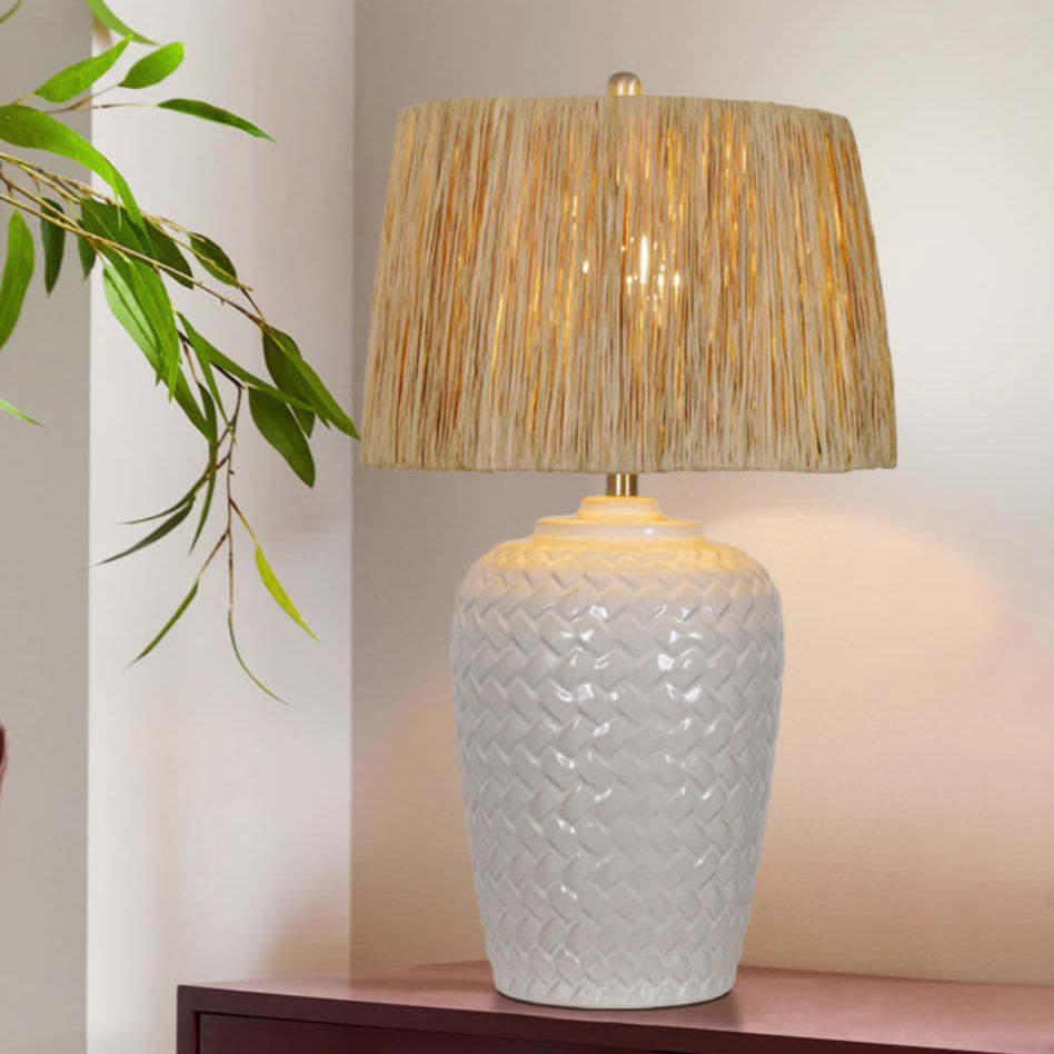Rustic Ceramic Raffia Grid Jar Table Lamp