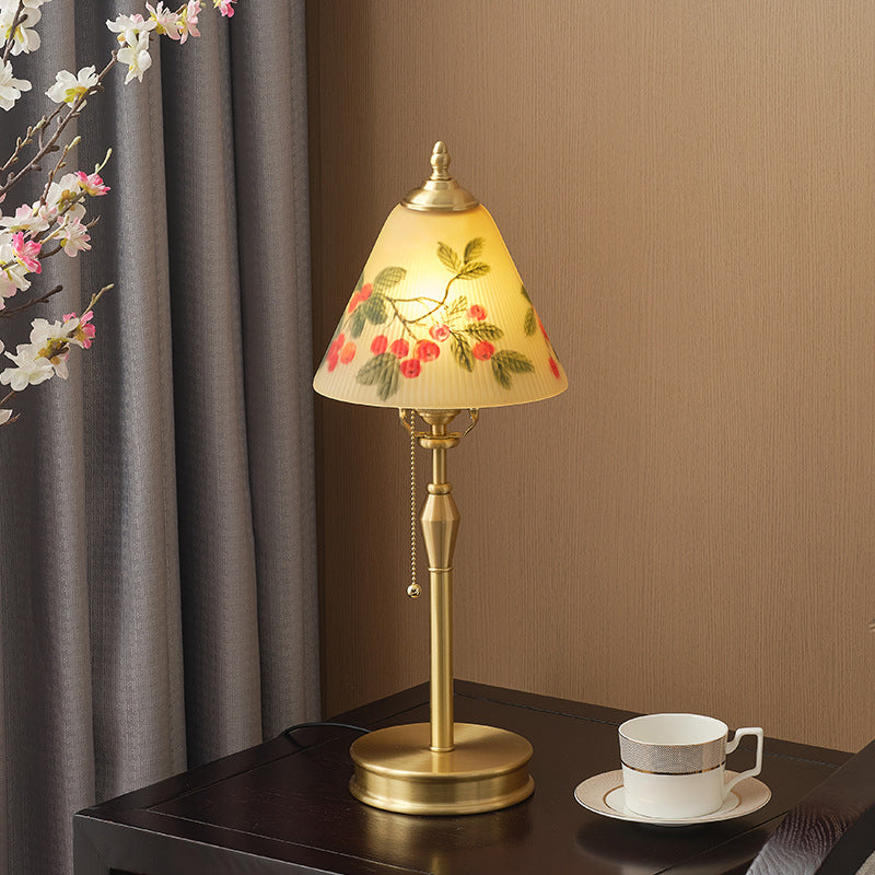 Chinese Brass Glass Painted Cherry Cone Lamp