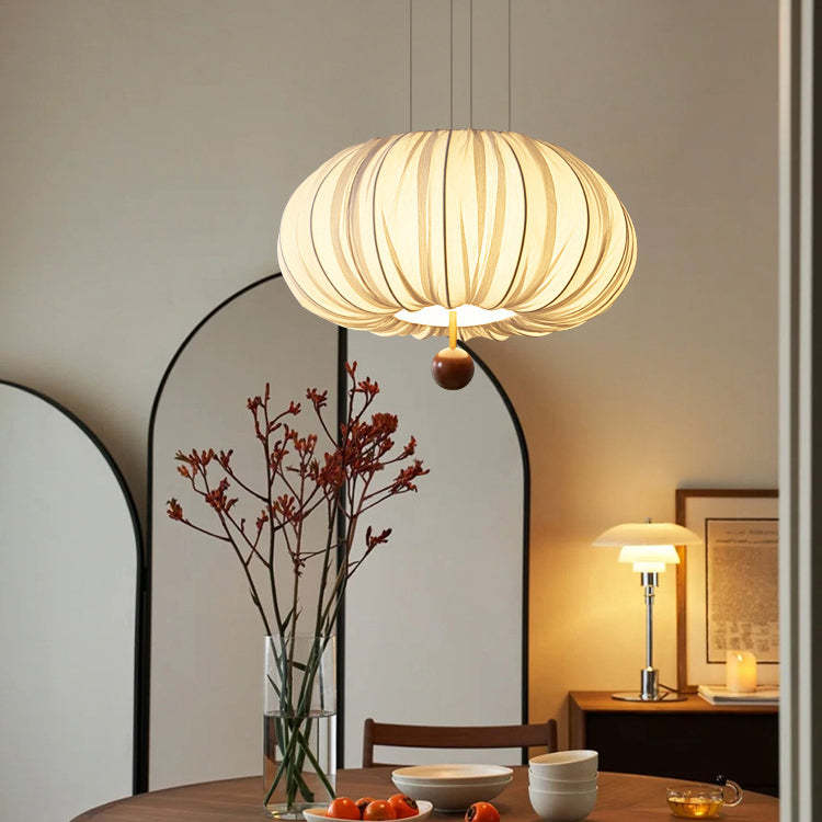 French Fabric Metal Wood Curved Round LED Chandelier