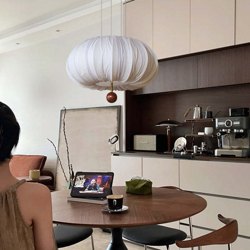 French Fabric Metal Wood Curved Round LED Chandelier