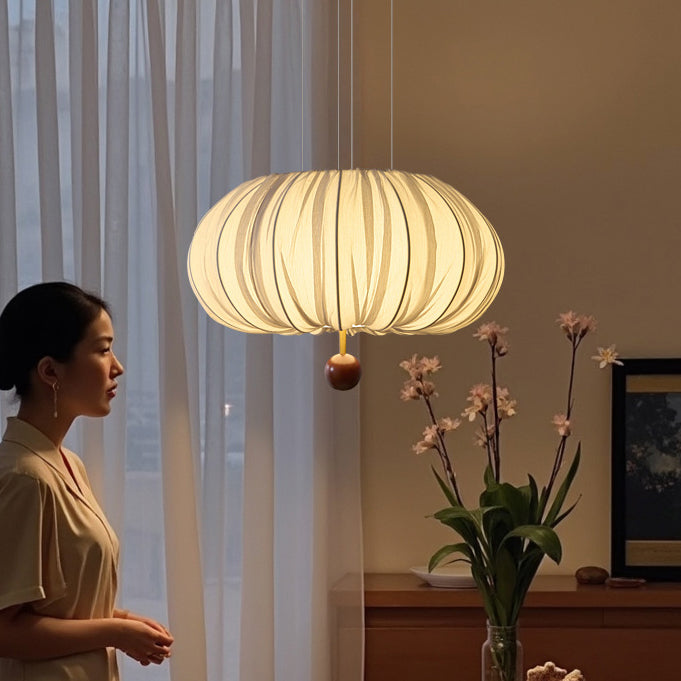French Fabric Metal Wood Curved Round LED Chandelier
