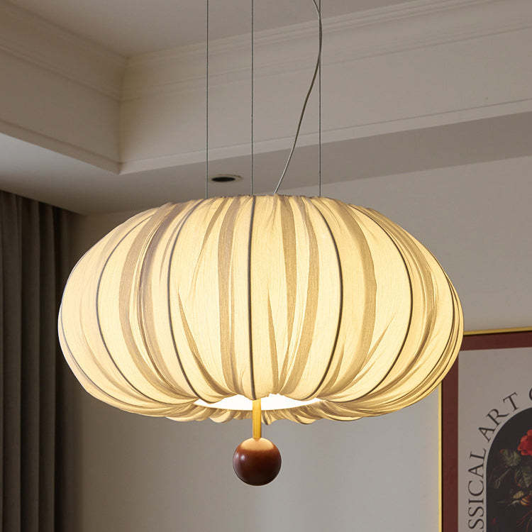 French Fabric Metal Wood Curved Round LED Chandelier — Infinitely Dimmable / 220V-240V For UK/AU