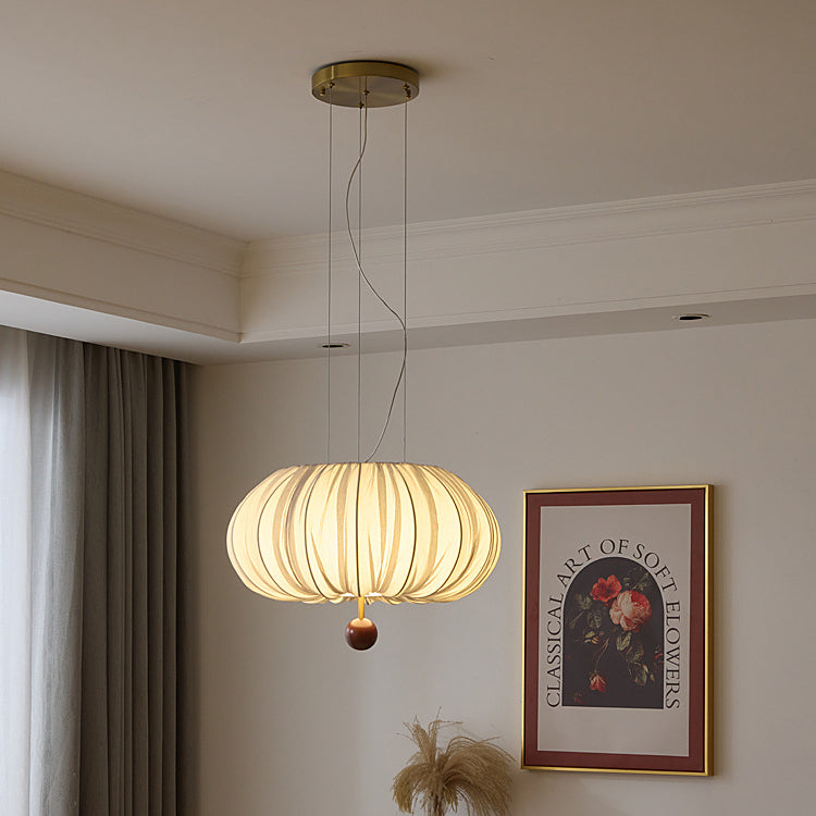 French Fabric Metal Wood Curved Round LED Chandelier — Infinitely Dimmable / 110V-120V For US/CA