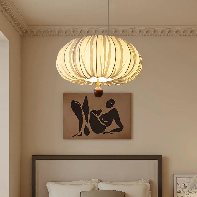 French Fabric Metal Wood Curved Round LED Chandelier