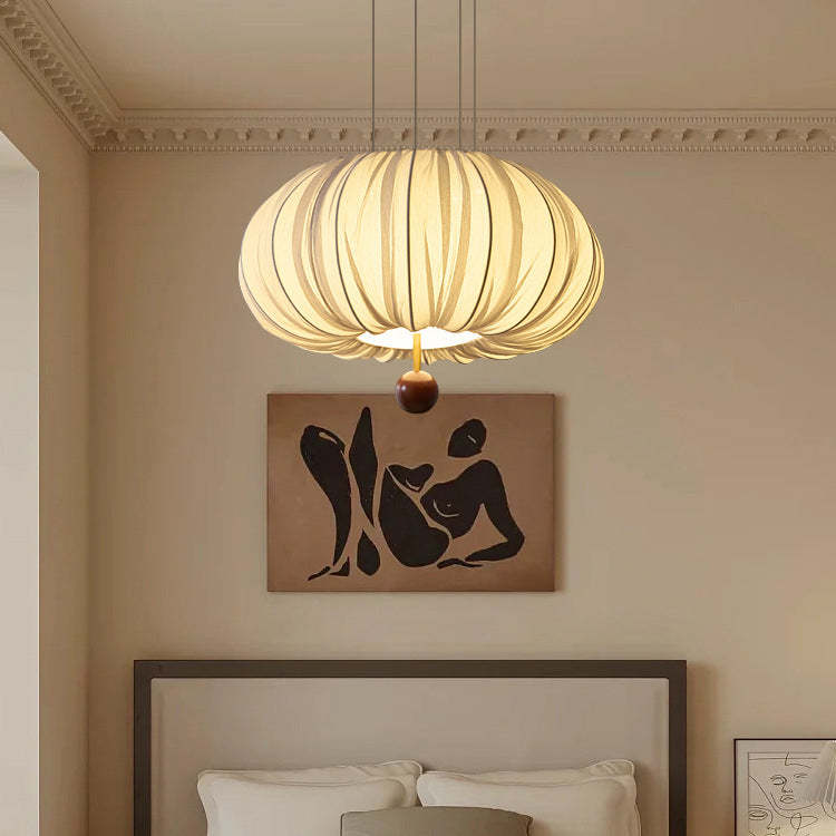 French Fabric Metal Wood Curved Round LED Chandelier