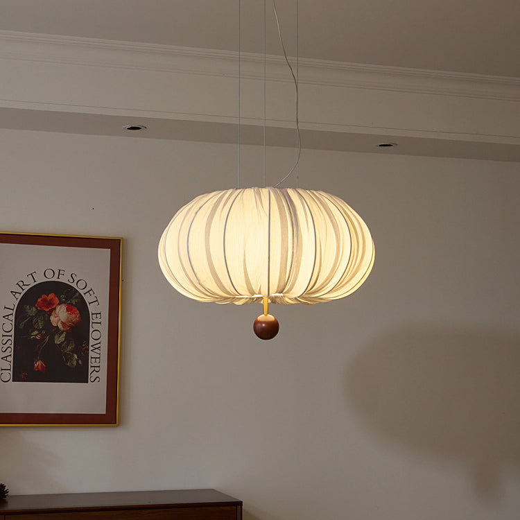 French Fabric Metal Wood Curved Round LED Chandelier