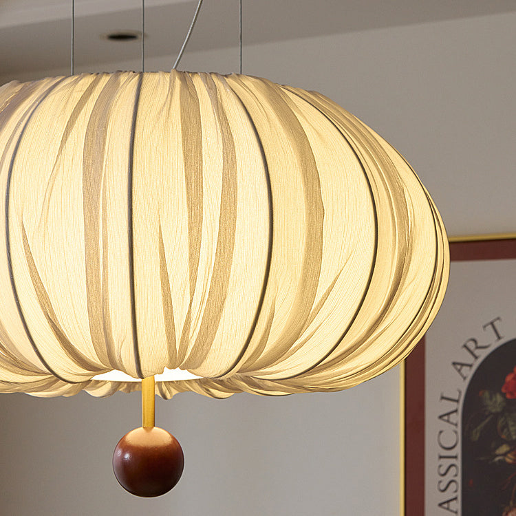 French Fabric Metal Wood Curved Round LED Chandelier