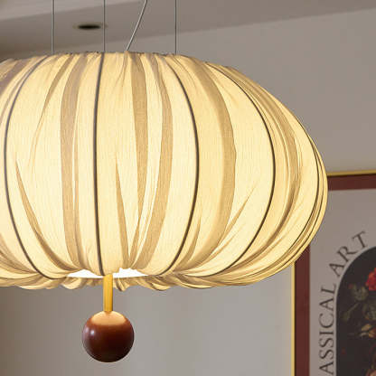 French Fabric Metal Wood Curved Round LED Chandelier