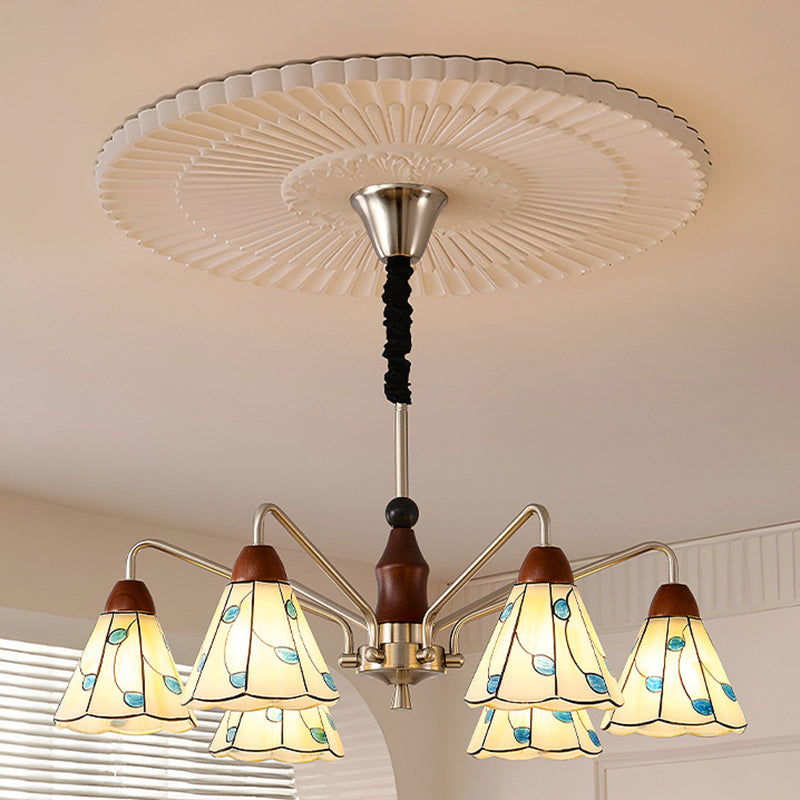 Contemporary Coastal Iron Wood Glass Cone Chandelier