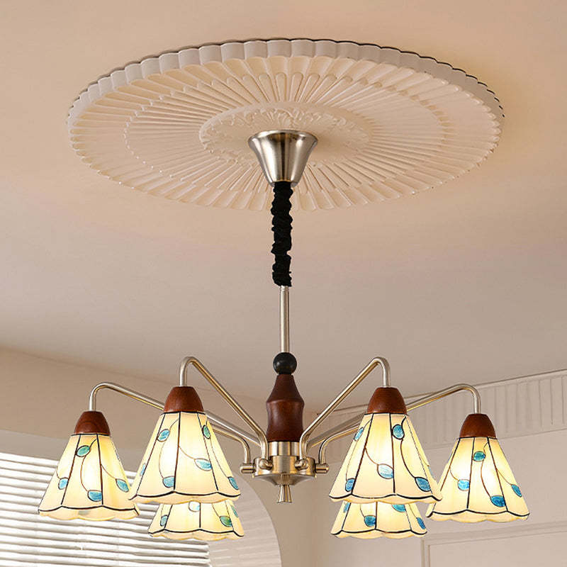 Contemporary Coastal Iron Wood Glass Cone Chandelier
