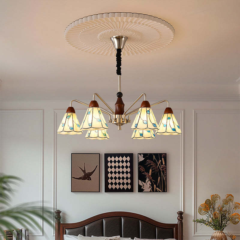 Contemporary Coastal Iron Wood Glass Cone Chandelier