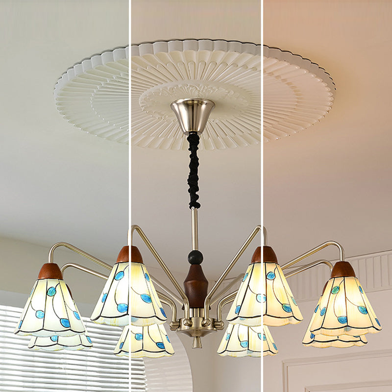 Contemporary Coastal Iron Wood Glass Cone Chandelier