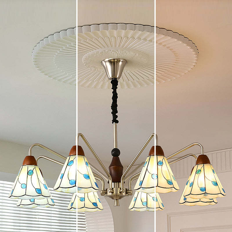 Contemporary Coastal Iron Wood Glass Cone Chandelier