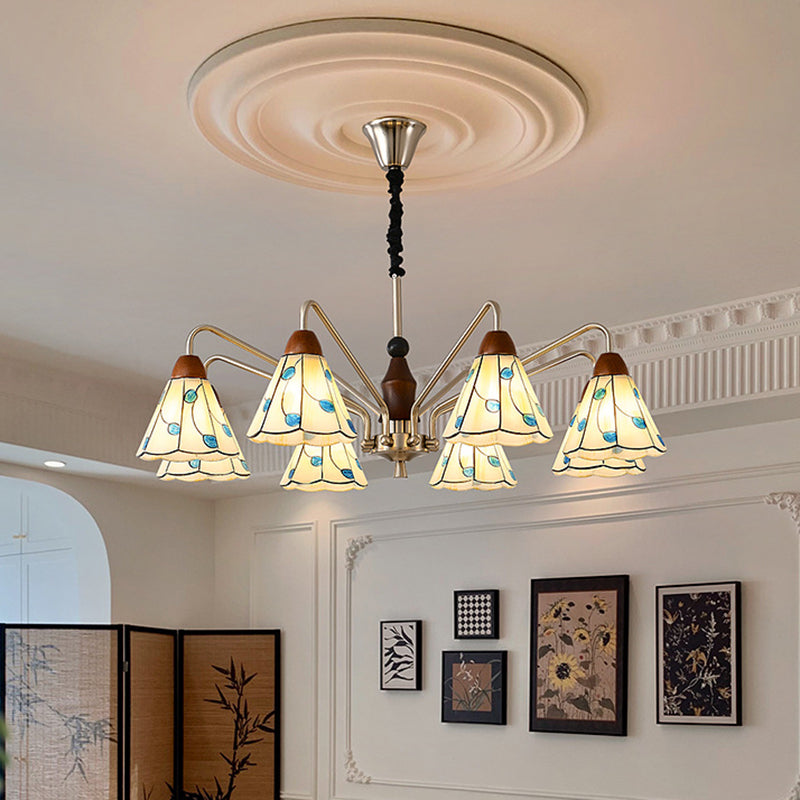 Contemporary Coastal Iron Wood Glass Cone Chandelier