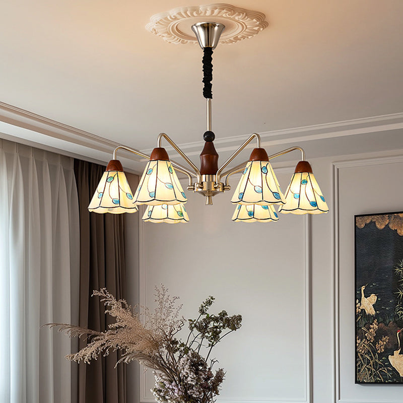 Contemporary Coastal Iron Wood Glass Cone Chandelier