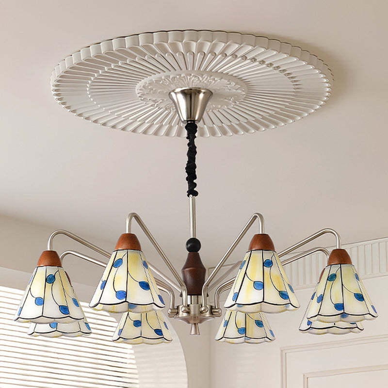 Contemporary Coastal Iron Wood Glass Cone Chandelier