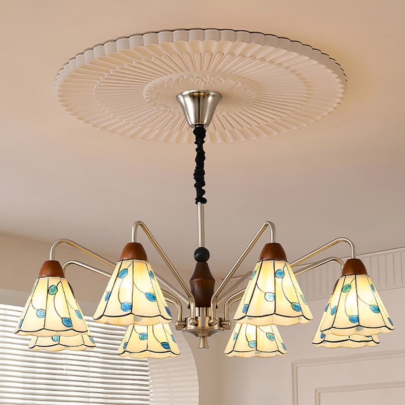 Contemporary Coastal Iron Wood Glass Cone Chandelier