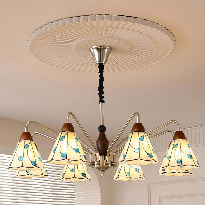 Contemporary Coastal Iron Wood Glass Cone Chandelier