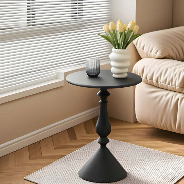 Minimalist Metal Candleholder-Base Round Coffee Table — Black
