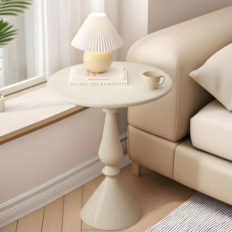 Minimalist Metal Candleholder-Base Round Coffee Table — Cream White