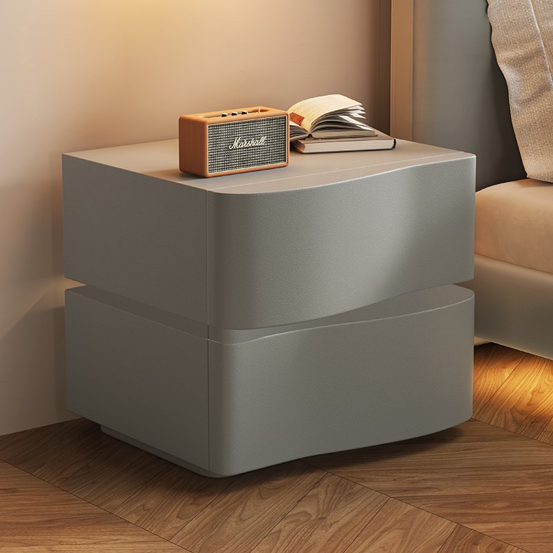 Contemporary Wood Leather Rounded 2-Drawer Nightstand — Gray
