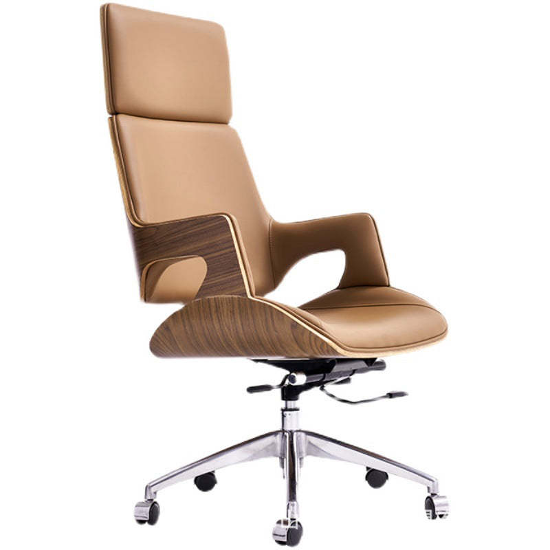 Nordic Leather Steel Adjustable Desk Chair — Microfiber Leather / Walnut + Brown