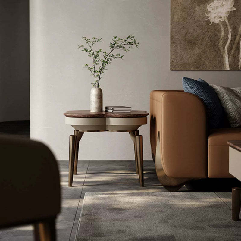 Nordic Clover Brass Walnut Wood Round Coffee Table — Round