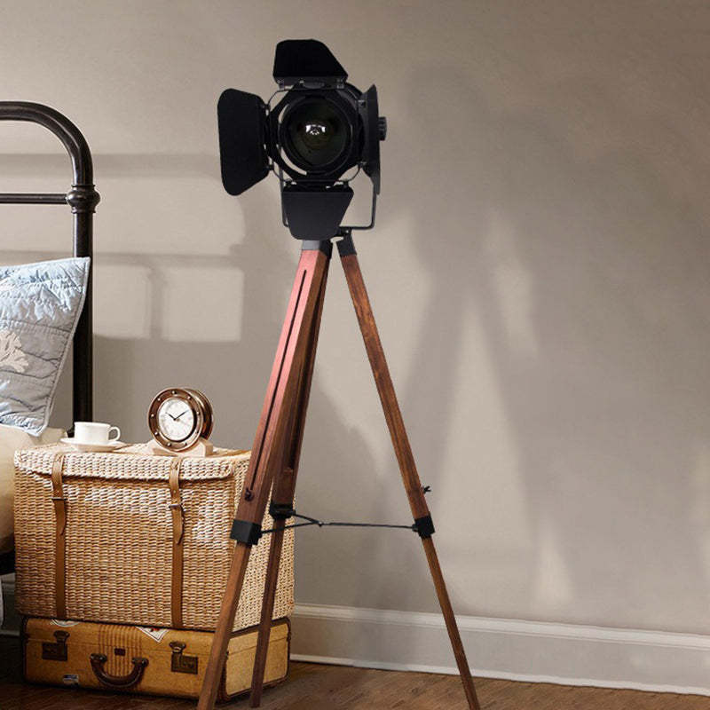 Contemporary Camera Iron Wood Floor Lamp