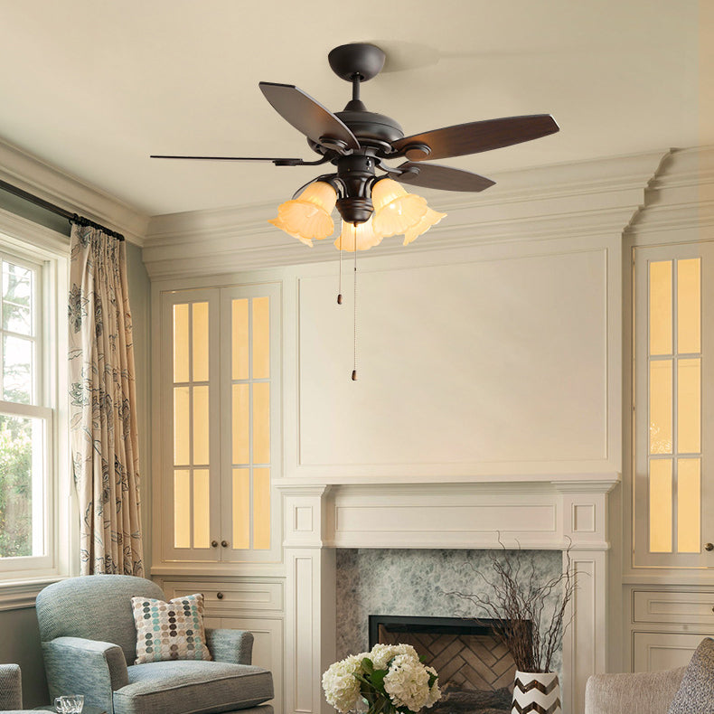 French flower 5-light iron ceiling fans — 3-Light / Pull Cord / 220V-240V (UK/AU)
