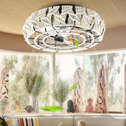 Vintage Round Iron Linen 4-Light Semi-Flush Fan Light