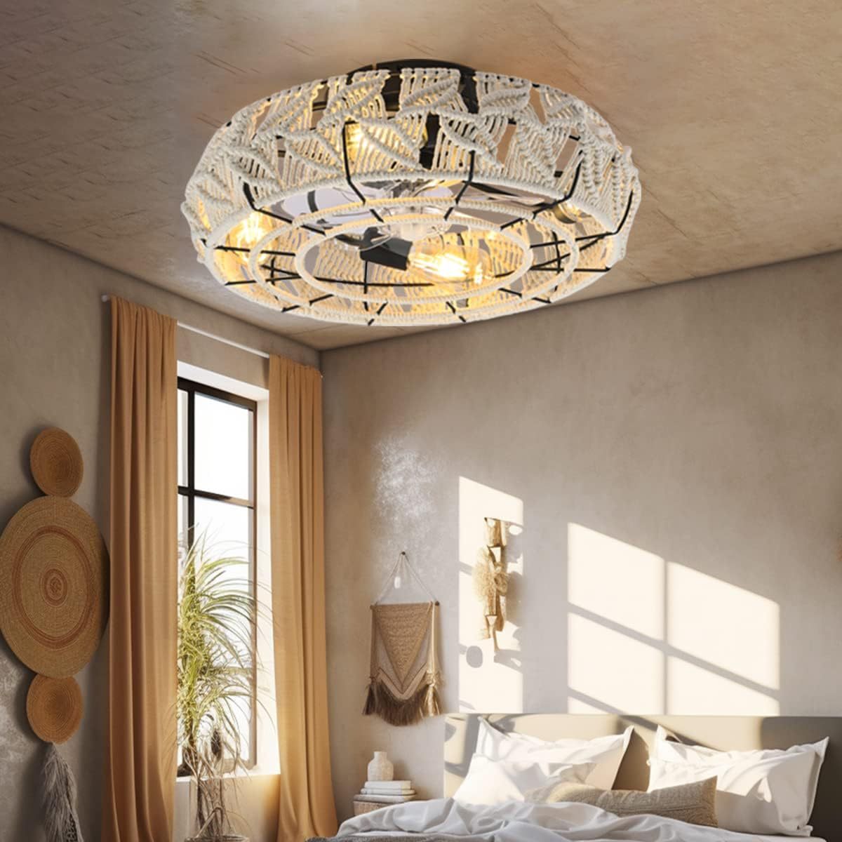 Vintage Round Iron Linen 4-Light Semi-Flush Fan Light
