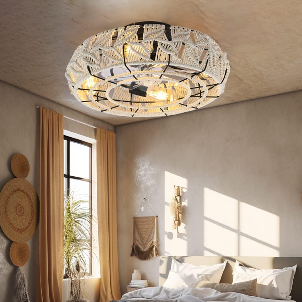 Vintage Round Iron Linen 4-Light Semi-Flush Fan Light