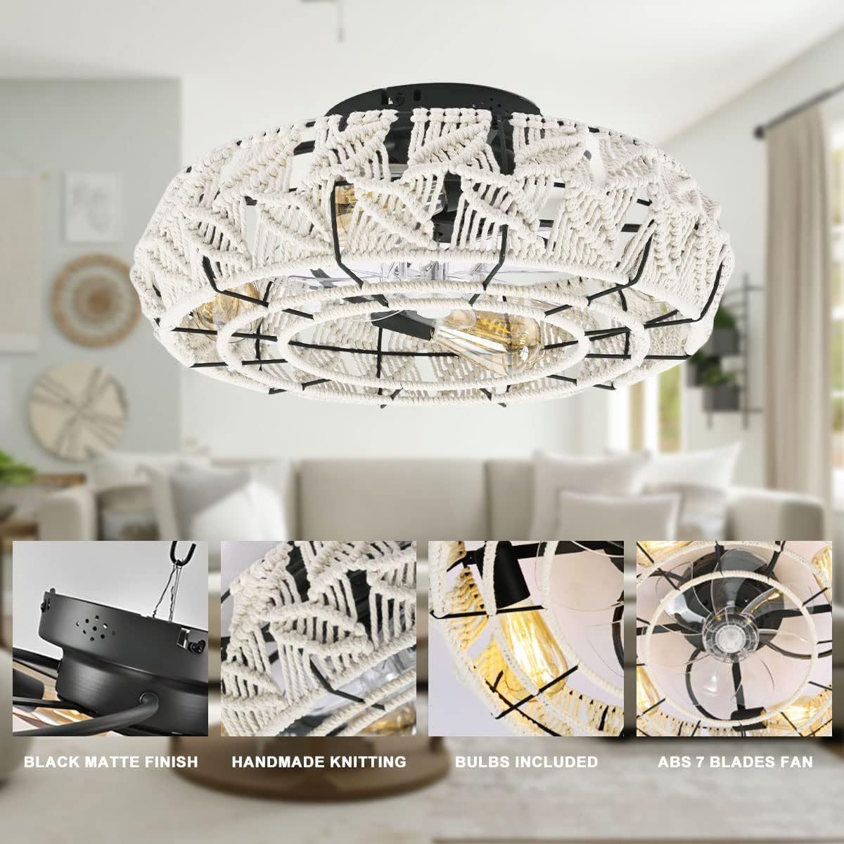 Vintage Round Iron Linen 4-Light Semi-Flush Fan Light