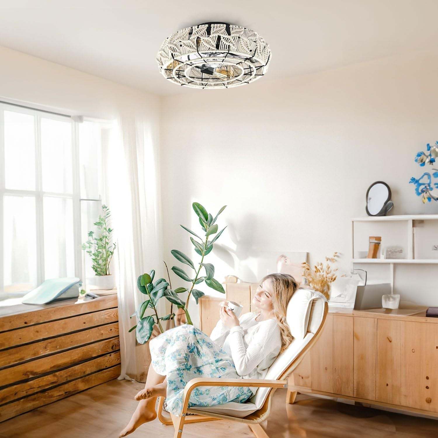 Vintage Round Iron Linen 4-Light Semi-Flush Fan Light