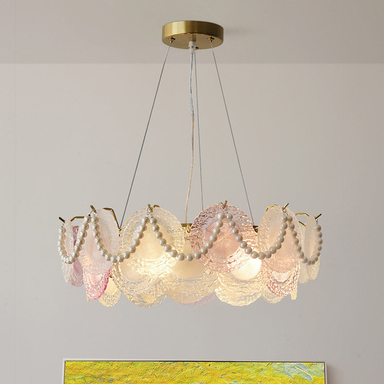 French Dome Pearl Iron Glass Chandelier