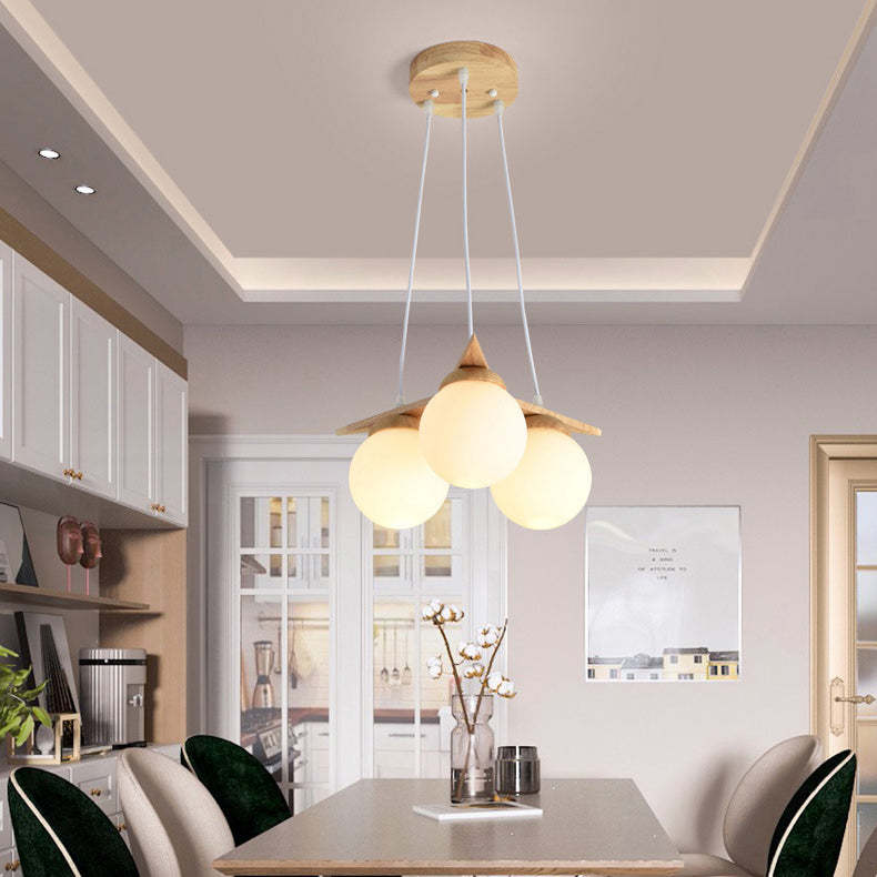 Nordic Dome Orb Rubber Wood Glass Chandelier