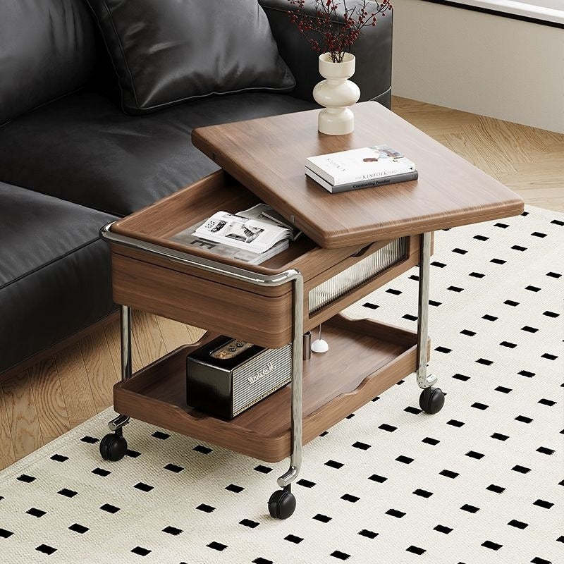 Retro Wood Iron Foldable Liftable Side Table 4-Tier