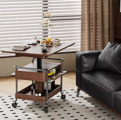 Retro Wood Iron Foldable Liftable Side Table 4-Tier