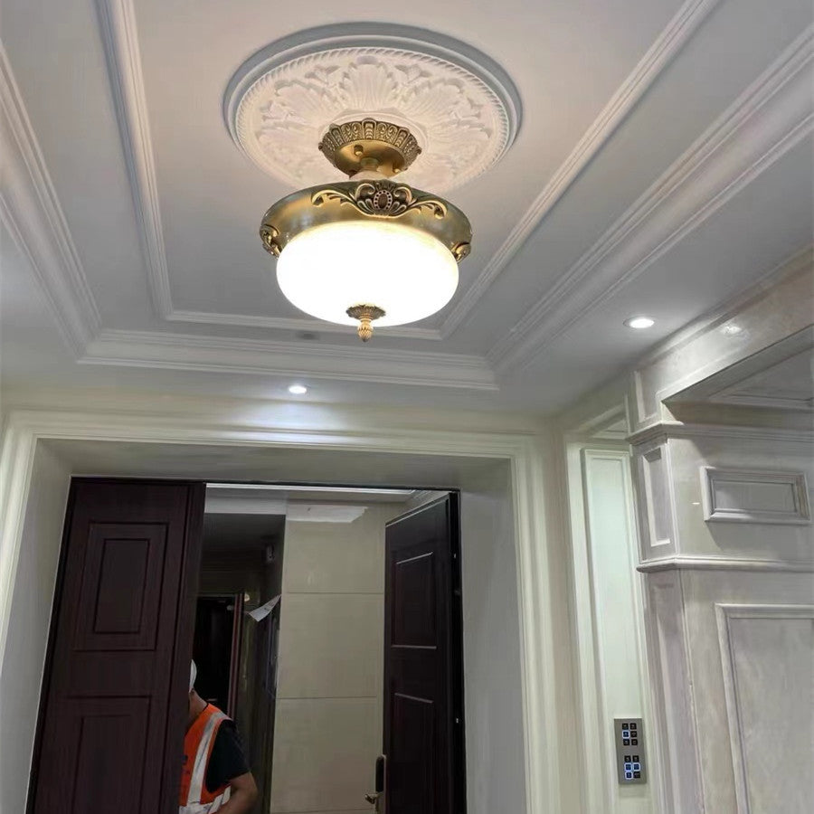 European Oval Carved Copper Jade LED Ceiling Light — White Light (5000K) / 220V-240V For UK/AU