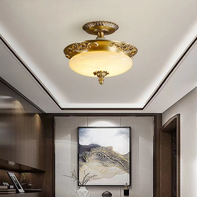 European Oval Carved Copper Jade LED Ceiling Light