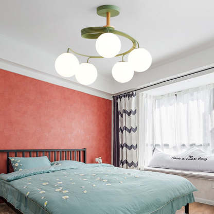 Nordic Dome Orbs Curved Iron Solid Wood Glass Chandelier