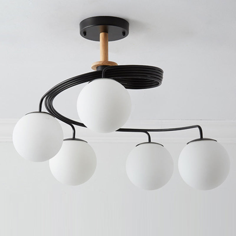 Nordic Dome Orbs Curved Iron Solid Wood Glass Chandelier