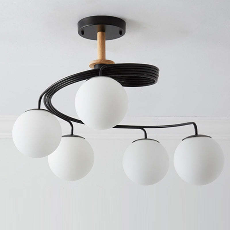 Nordic Dome Orbs Curved Iron Solid Wood Glass Chandelier